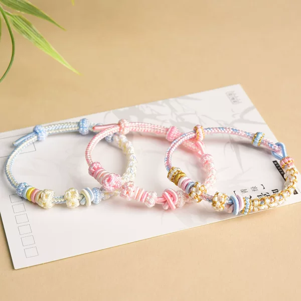 Peach blossom double-strand braided bracelet, a high-end and unique design that can be customized with beads, featuring dopamine-inspired colors, perfect as a gift for your best friend or girlfriend