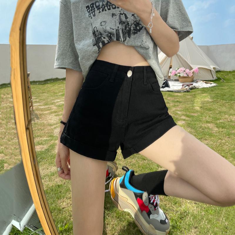 黑色卷边牛仔短裤女2025年春秋新款高腰宽松显瘦a字辣妹春装热裤