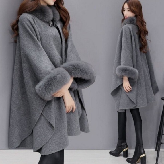 AliExpress European and American plus size women's woolen coat autumn and winter new warm Amazon Fashion fur collar coat for women