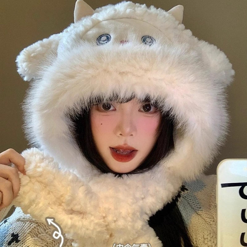 冬季新款小绵羊毛绒帽女帽子围巾一体保暖加厚防寒户外甜美雷锋帽|undefined