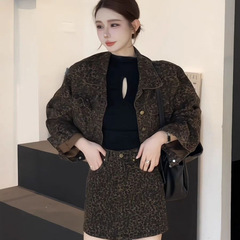 韩系复古豹纹牛仔外套女秋季新款设计感小众长袖宽松别致夹克上衣