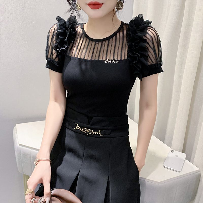 Real shot Summer new fashion sexy mesh puff sleeve niche designer double shoulder lace women's top T-shirt