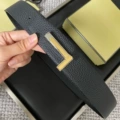 Silver base with gold plate buckle, black lychee grain strap, 3.8cm wide