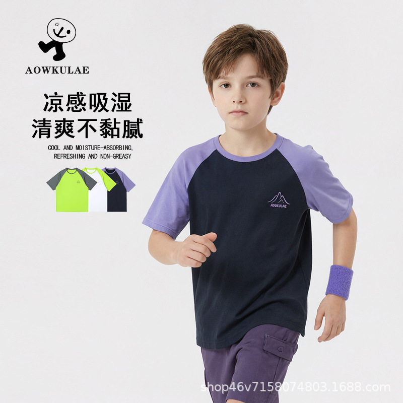 Summer Korean Style New Children's Cooling Sports Short-Sleeve Top, Girls' Outdoor Color Block Quick-Drying Top, Boys' T-Shirt Wholesale