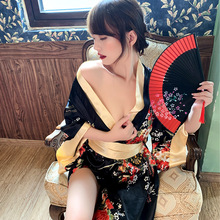 久愛情趣內衣印花雙層領三件套日式和服浴袍睡衣制服誘惑套裝代發