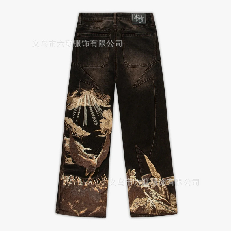 Cross-Border European and American Trendy Brand Angel Embroidered Jeans for Men and Women, Y2K Splicing Niche Design Straight Pants Trendy
