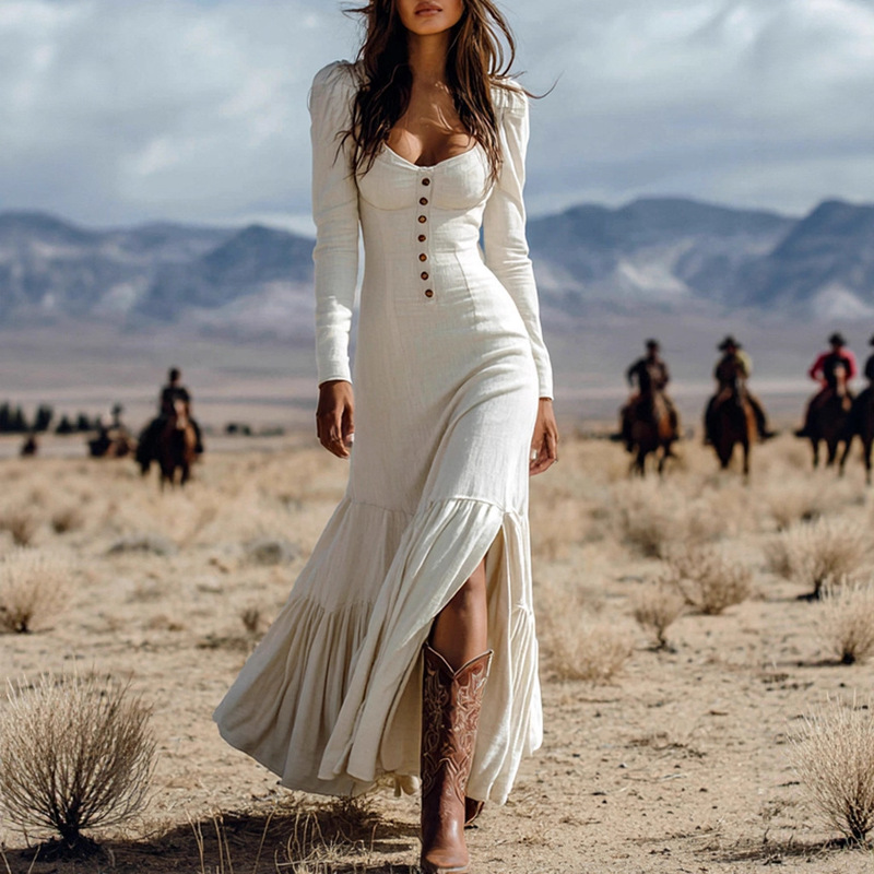 Amazon European and American Dress Cross-Border New Retro Western Style Button Pleated Long-Sleeved Sexy Long Dress