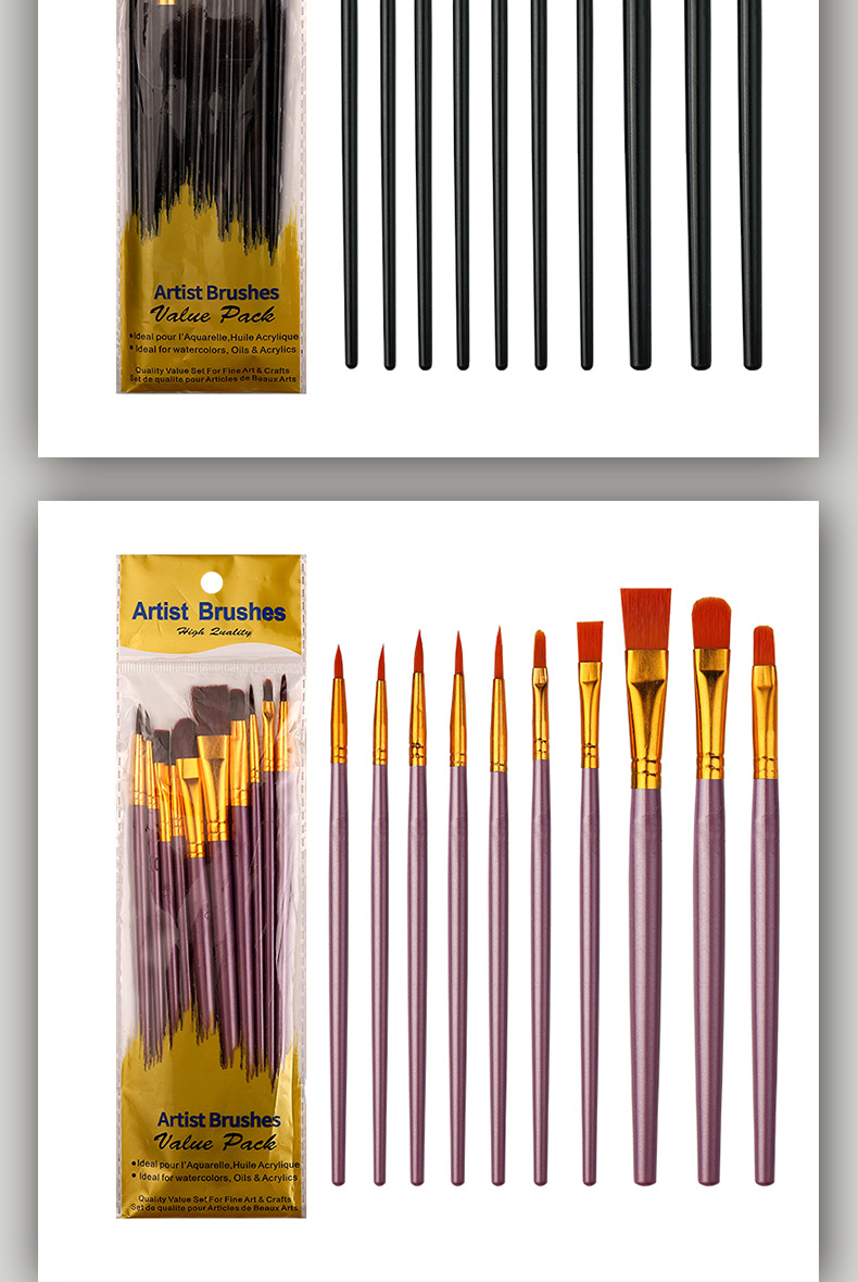 跨境10支塑料杆画笔刷套装珠光蓝彩色套装尼龙毛勾线笔水粉油画笔详情13