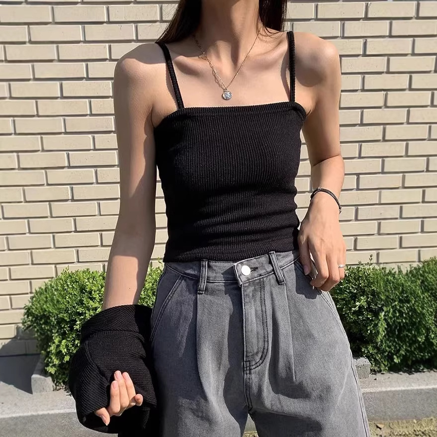 French Style Slim Fit Knitted Cami Vest For Women Inner Wear Outer Wear Sleeveless Camisole Dress Tank Top Women Clothing_ecoleips.com