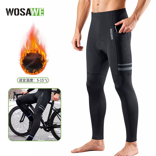 Wosawe Winter Fleece-Lined Cycling Pants, Warm and Cold-Proof, High-Elastic Tight-Fitting Sports Pants, Men's Cycling Pants