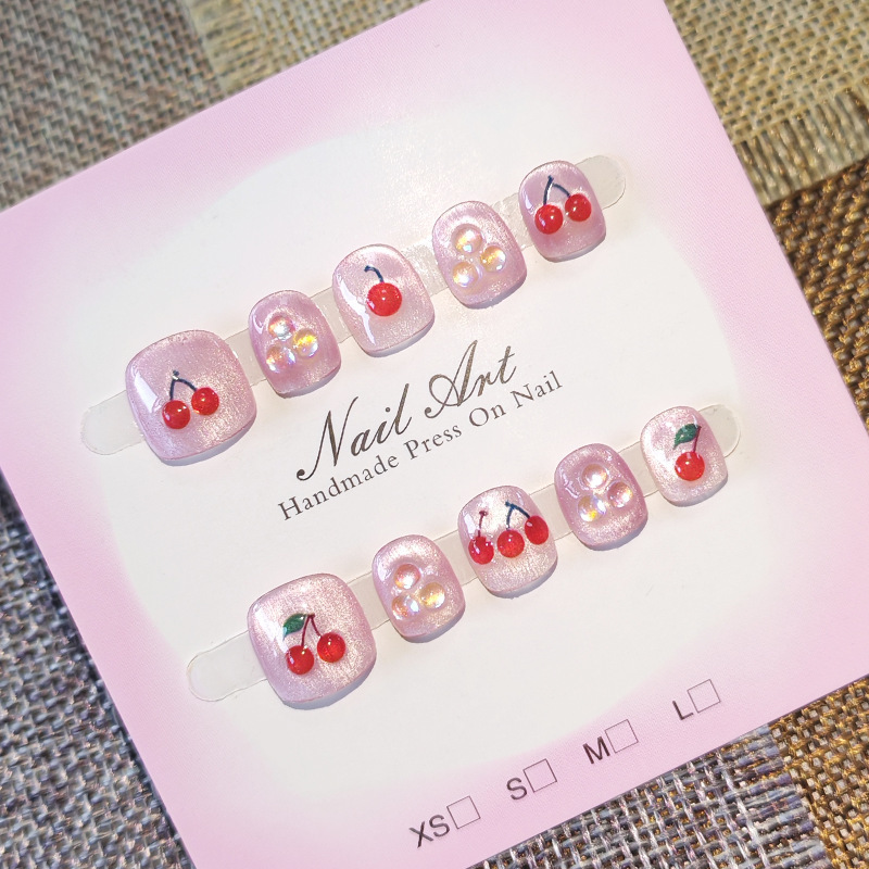 Children's cat-eye nail art, mermaid pearl glitter, cherry nail art, gentle and brightening, student nail stickers, for ages 3-6-12