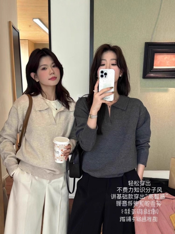 法式慵懒风POLO领时尚针织衫女秋冬新款高级感气质减龄打底衫毛衣|undefined
