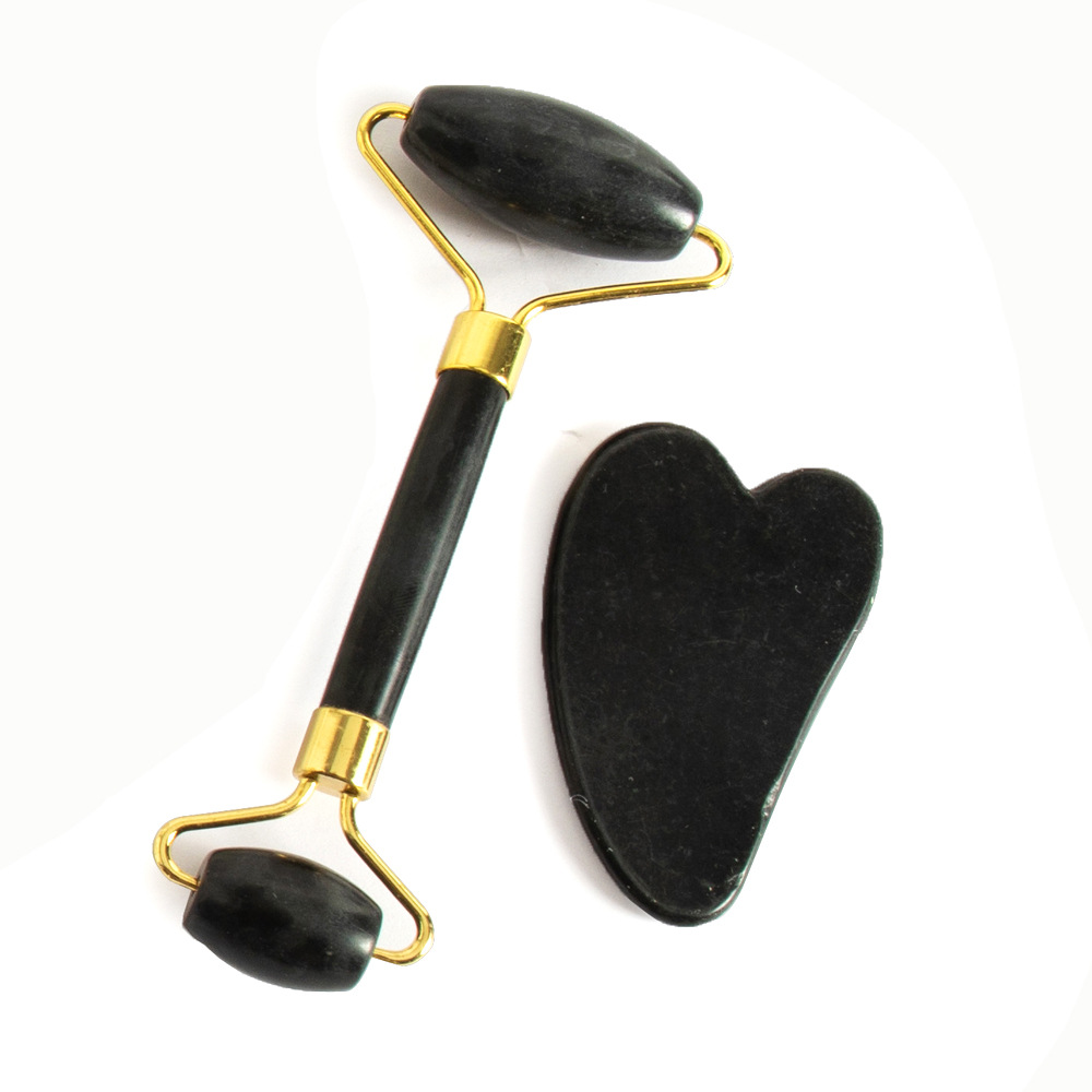 Juego de tres piezas de rodillo de jade natural y tabla de gua sha, dispositivo de belleza para masaje facial, lámina de gua sha facial, fabricante de rodillos de jade