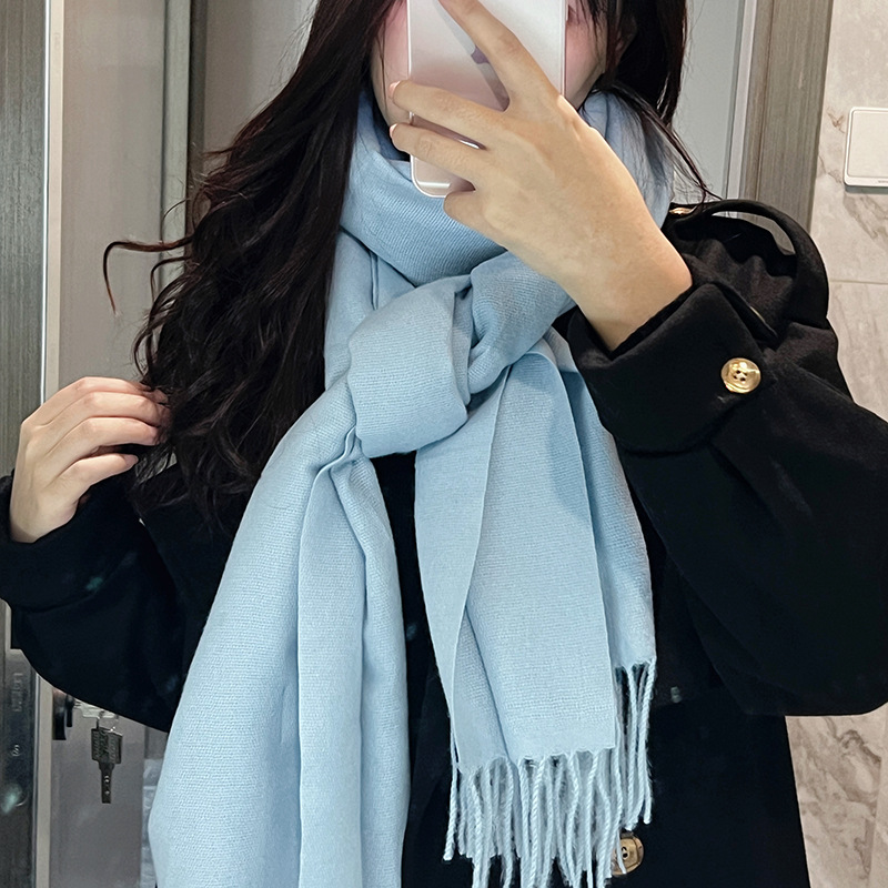 蓝色围巾女生氛围感冬季百搭纯色长仿羊绒流苏披肩围脖scarf优雅