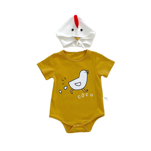 Baby Summer Ins Thin Boys' Onesie with Cap and Overalls Chick Pattern Girls' Onesie Crawling Suit Children's Wear 