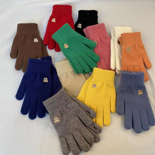 小熊针织毛线手套冬季保暖触屏可爱纯色刺绣分指开洞漏指小香风潮