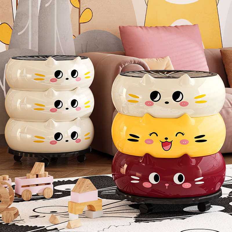 Cute Trash Can with Cat Pattern, with Lid, Movable, High Aesthetic Value, for Home Use in Living Room and Bathroom, with Wheels, Trash Storage Bin