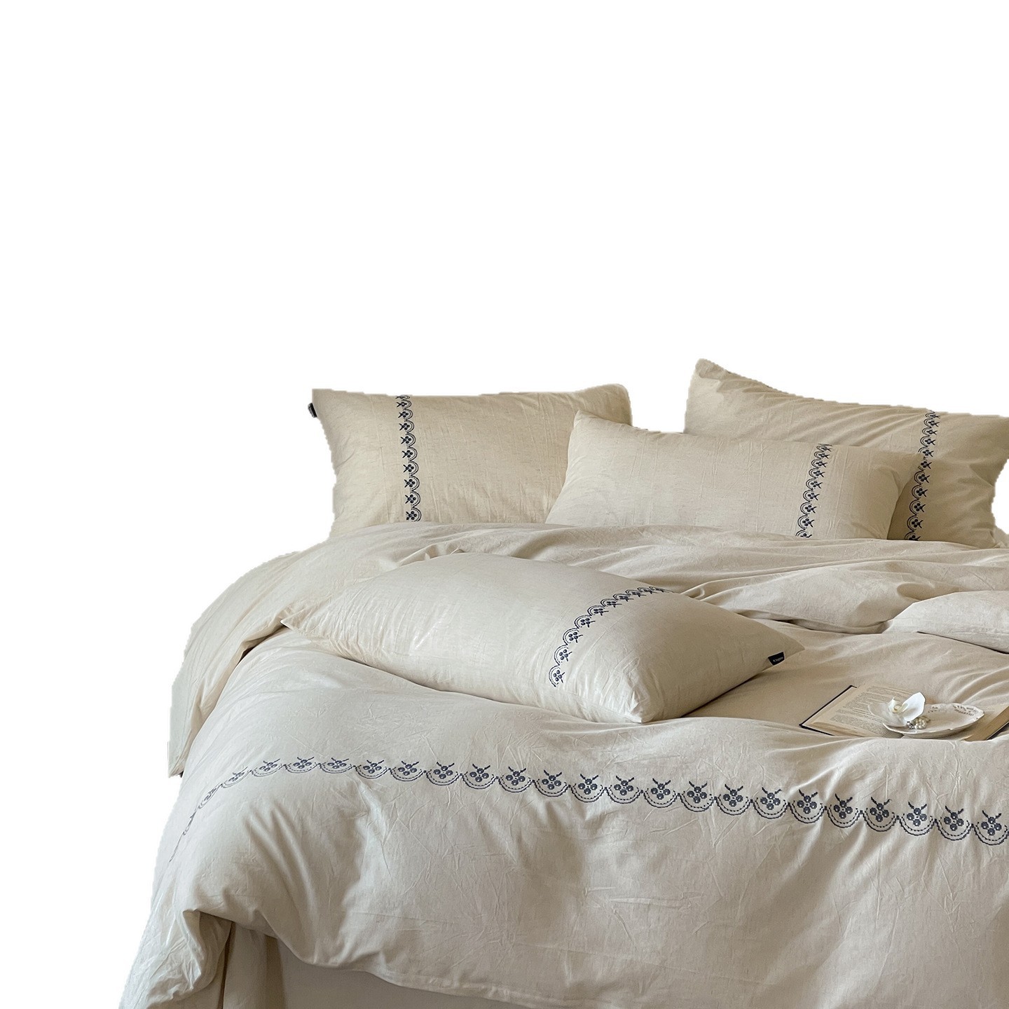 Parure de draps vintage en coton et lin brodé 4 pièces_voghion.com