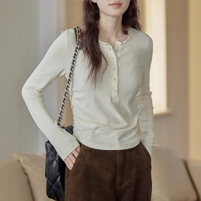 1313 Slim! Long-Sleeved White Bottoming Shirt T-Shirt Slimming Look with Henley Collar Top 1313 Slim! Long-Sleeved White Bottoming Shirt T-Shirt Slimming Look with Henley Collar Top