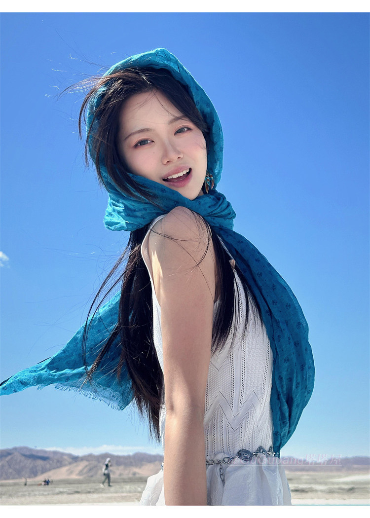 Hijab de seda y chal de algodón y lino para mujer azul lago_voghion.com