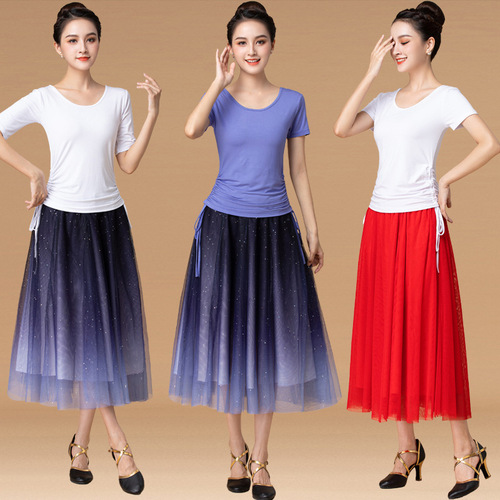 New square dance outfit set summer short-sleeve top starry sky gradient mesh half skirt performance dancewear for women
