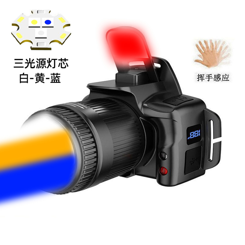 Faros con sensor de luz fuerte transfronterizos LED de larga duración de batería, zoom giratorio, luz de pesca para exteriores, luz de pesca multifuncional de emergencia