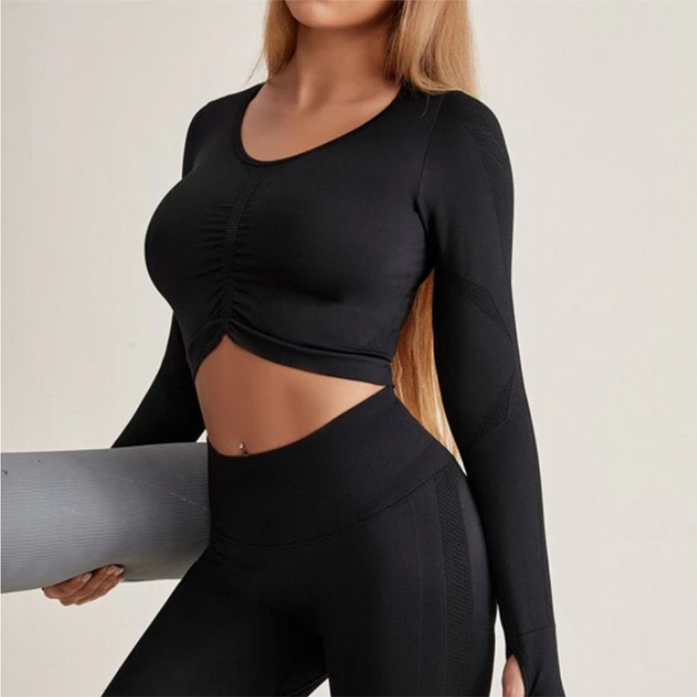 纯色点点运动抽绳长袖无缝健身服跑步健身提臀紧身裤瑜伽服套装女