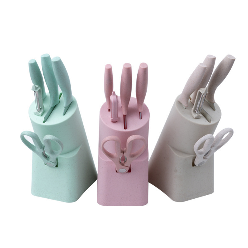 Fabricante de paja de trigo de color con cuchillo base 6 piezas de cuchillo de acero inoxidable cuchillo de cocina doméstico conjunto de regalo
