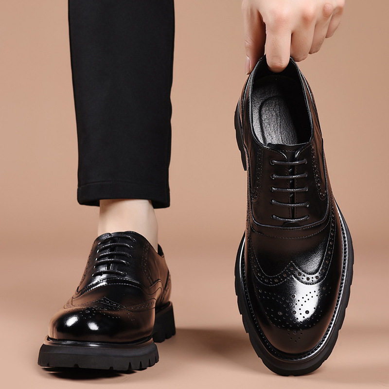 Giày da nam công sở kiểu brogue khắc hoa văn, da bò lớp đầu, đế cao su xốp nhẹ, dây buộc — Màu nâu, màu đen