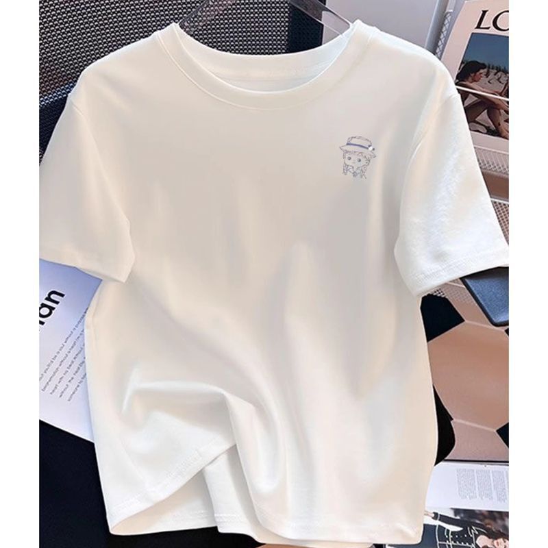 2026 New Round-Neck European-Style Regular Shoulder White Short-Sleeve T-Shirt for Women, Loose Fit, High-End Feel, Pure Cotton Top