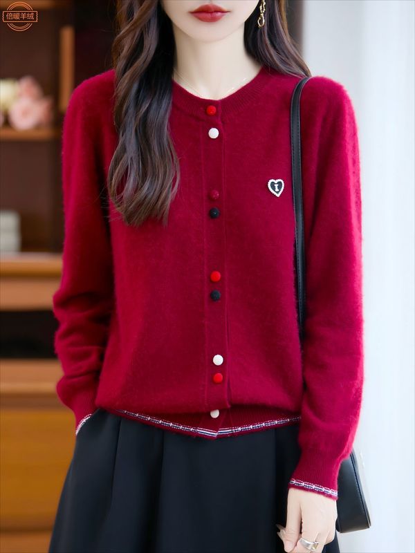 减龄彩扣纯羊毛针织开衫女春秋新款宽松休闲圆领毛衣时尚上衣外套|undefined