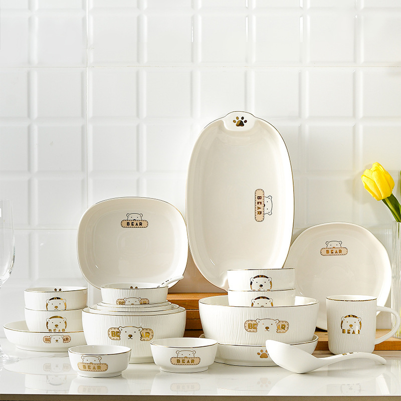 Japanese Style Creative Wood Grain Bear Dishes Cute Soup Bowl Small Size Household Meal Ceramic Plate Student Meal Tableware