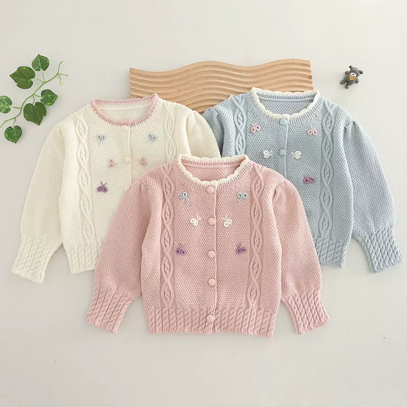 2025春季新款女童开衫小童毛衣儿童刺绣蝴蝶结针织衫长袖宝宝毛衣