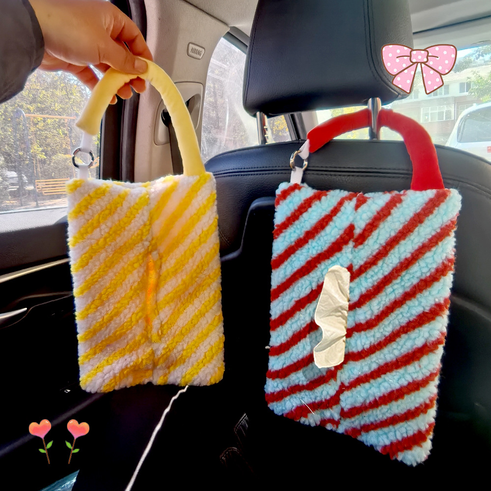 Factory Direct Supply of New Car Tissue Box Plush Striped Car Multifunctional Hanging Tissue Paper Bag for Home and Car