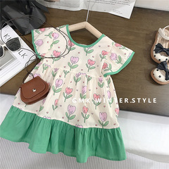 女寶寶鬱金香印花連衣裙夏季薄款洋氣女小童夏裝飛袖娃娃領公主裙