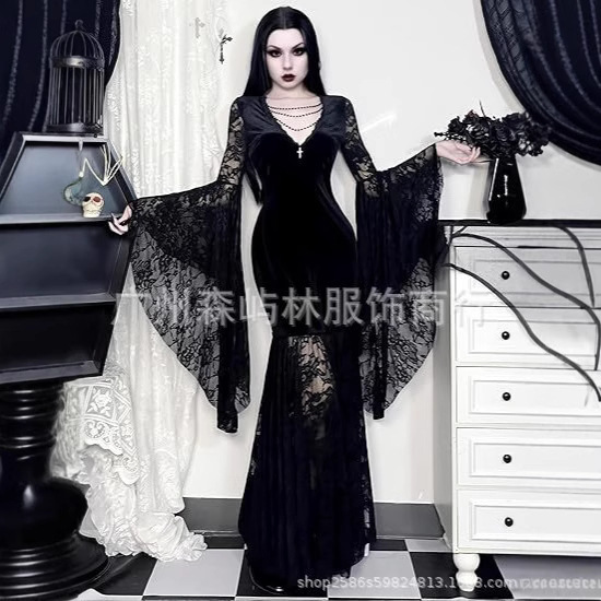 European and American New Halloween Gothic Style Retro V Neck Lace Splicing Dress Floor-Length Super Sexy Waist Skirt