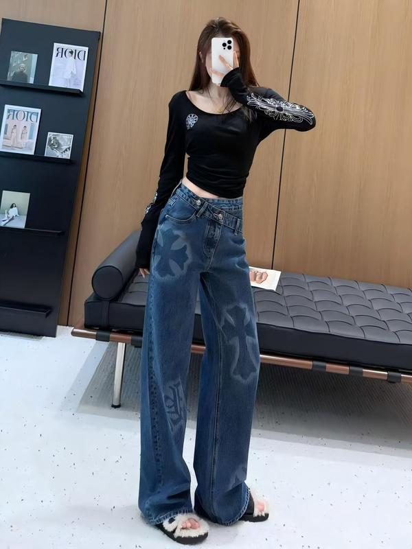 潮流时尚重工牛仔裤女绝美超好搭阔腿长裤南油秋季遮肉显瘦直筒裤|undefined
