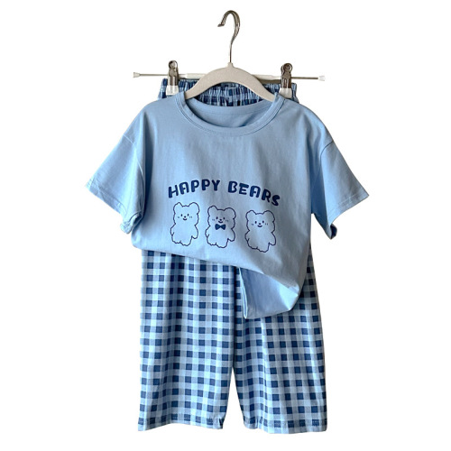 Children's summer air-conditioned short-sleeved home clothes, boys and girls Lycra pajamas, medium and large children's suits, summer thin models