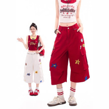 美式甜酷辣妹刺绣七分牛仔裤女夏季小众百搭a字显瘦阔腿工装短裤