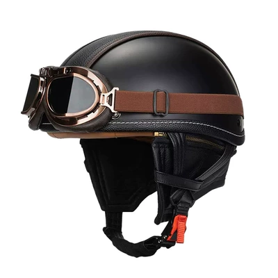 Retro Half Helmet Men's and Women's – Motosiklet kaskı (dəbilqə) - matte-black-leather-copper-mirror-s