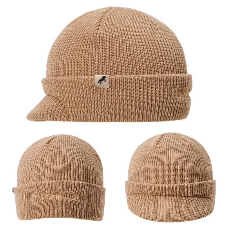 Neue Strickmütze mit kurzer Krempe für Herren, Herbst und Winter, warm, gepolstert, bestickte Charaktere, großes Stirnband, locker_voghion.com