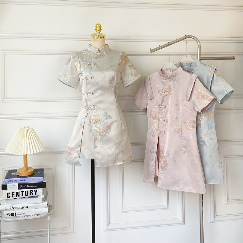 European and American New Chinese-Style Retro Elegant Buttoned Short-Sleeve Qipao Dress + High-Waisted Slimming Wide-Leg Shorts Two-Piece Set