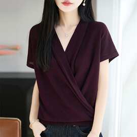 韩系通勤气质交叉V领针织短袖女2026夏季新款洋气天丝短袖上衣女