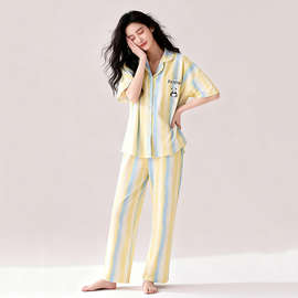 纯棉纯棉女出门睡衣夏短袖长裤休闲带胸垫可外穿家居服套装