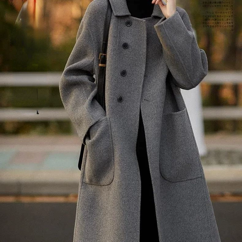 Новое шерстяное пальто для женщин на осень/зиму 2025 года, больших размеров, свободного кроя, стройнящее, средней длины, для миниатюрных женщин, шерстяное пальто.