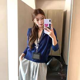 韩系慵懒高级感藏蓝色毛衣外套女早秋季2025新款爆款连帽针织开衫