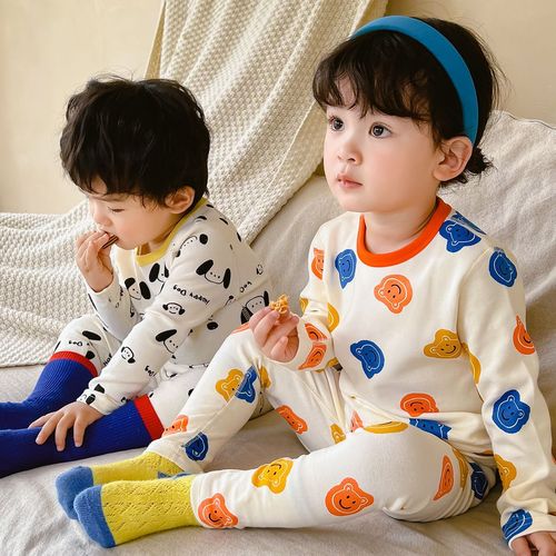 Korean style boneless children's pajamas, autumn clothes and long trousers sets for boys and girls, pure cotton thermal underwear, autumn and winter baby home clothes