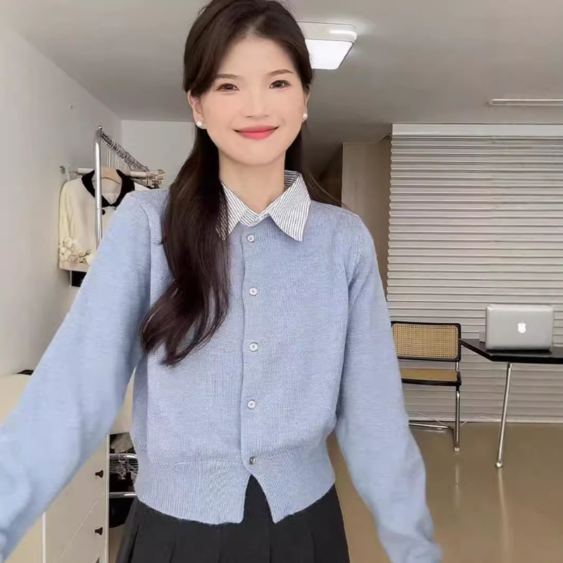 设计感气质翻领假两件毛衣针织衫女2025新款早秋长袖内搭打底上衣|undefined