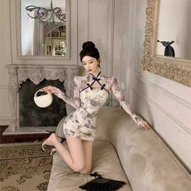 花色名媛秋冬夜店旗袍褶皱镂空网布修身显瘦包臀连衣裙女新中式