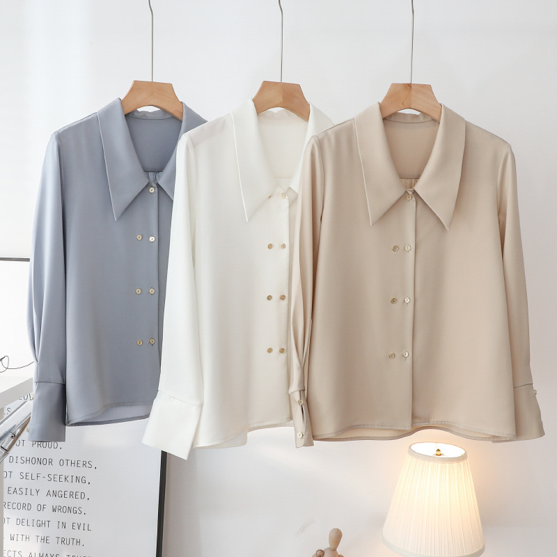 Autumn French Professional Work Clothing Satin White Shirt Women's Interview Design Niche Point Collar Gold Button Draped Top